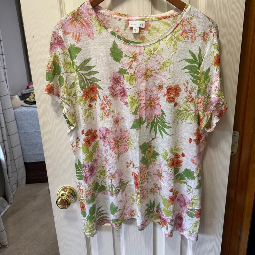J. Jill Love Linen Shirt Womens XL White Floral Crossover-Hem Short Sleeve Linen - Picture 7 of 11